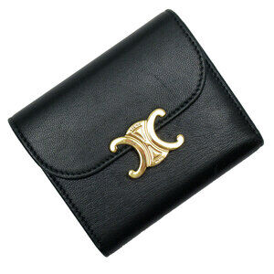 Celine Triomphe Tri fold Wallet Green Gold Leather